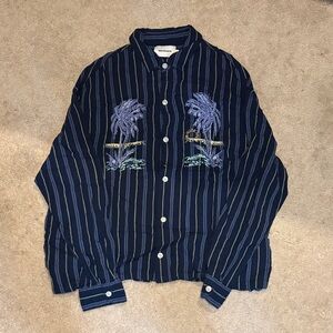 Casual Navy Striped Button-Down Shirt with Palm Embroidery